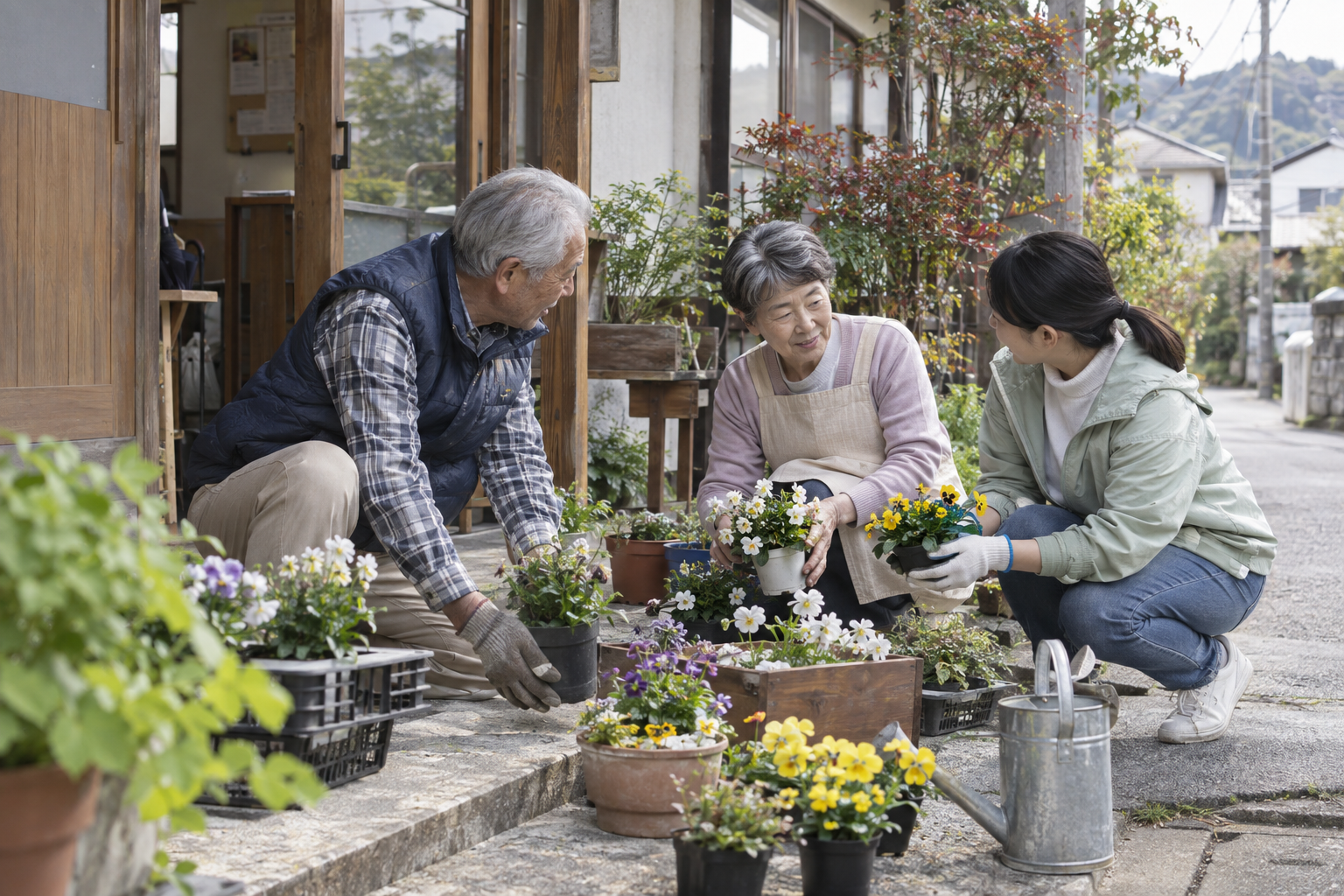 地域の人と一緒に季節の花を手入れする高齢者