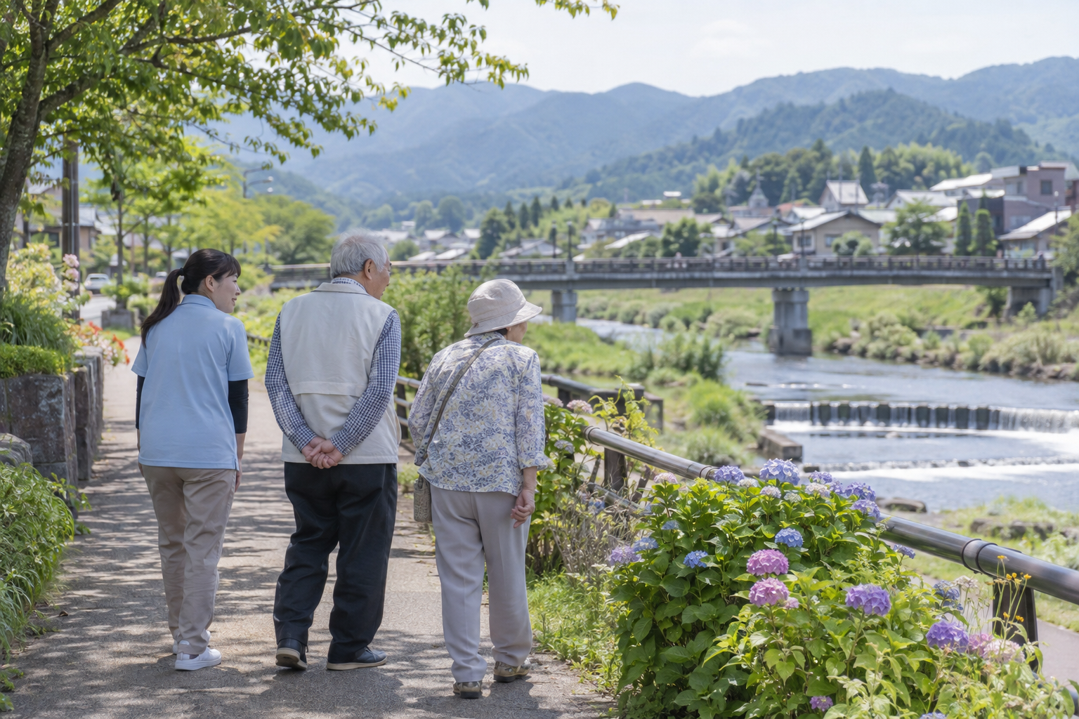 川沿いの道を歩き、地域の景色を楽しむ様子