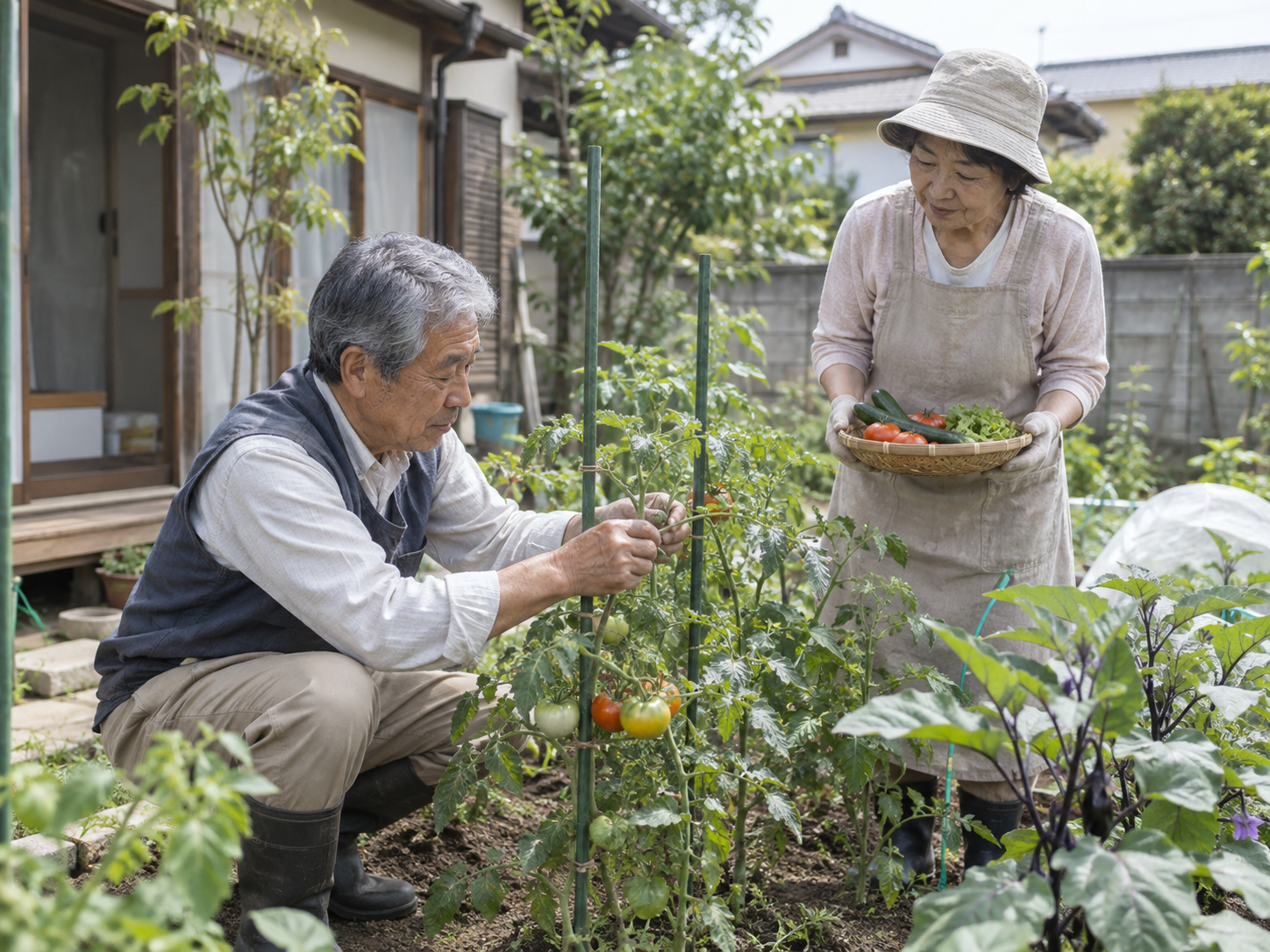 畑でトマトの手入れと収穫をする様子