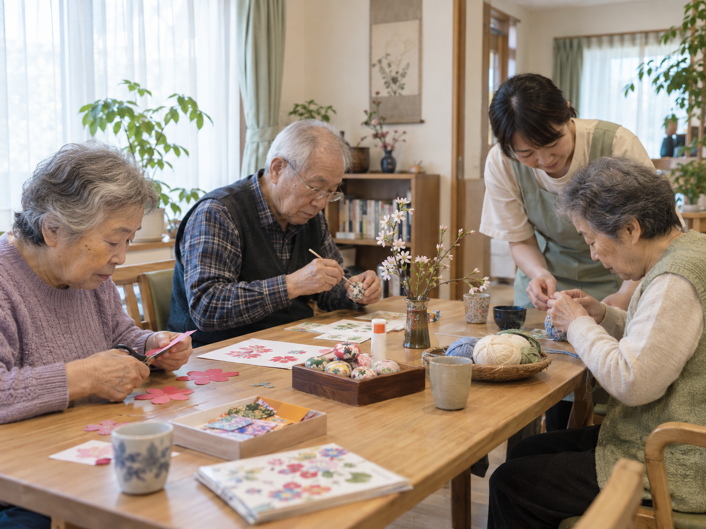 テーブルを囲み、それぞれの手仕事や趣味を楽しむ様子