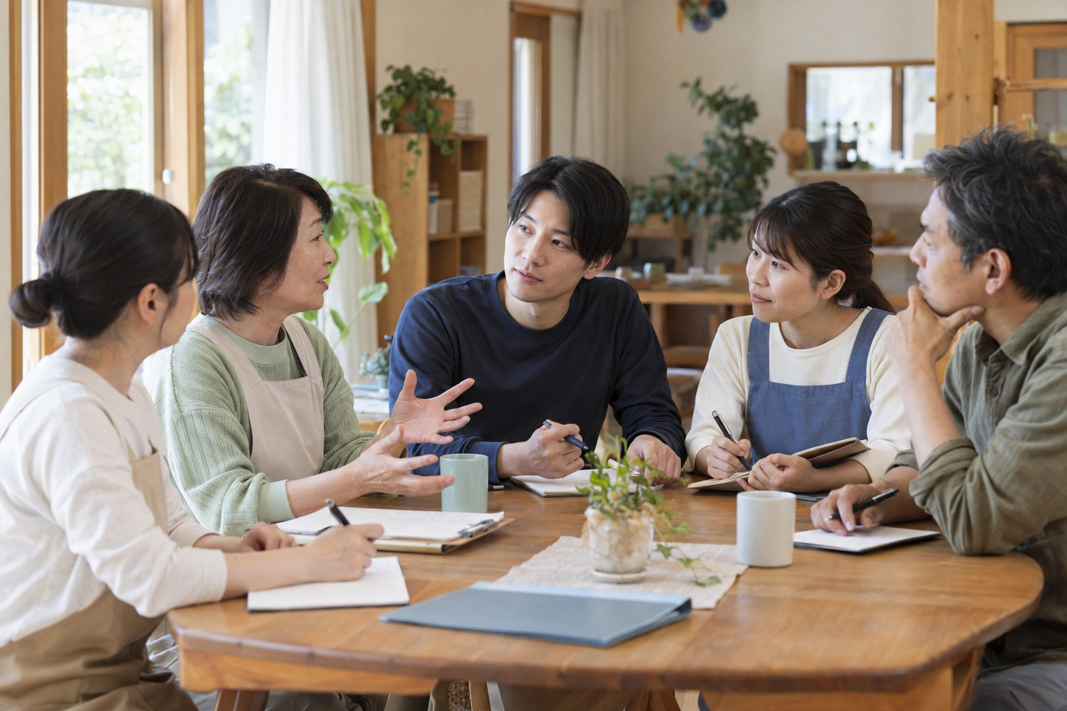 木のテーブルを囲み、情報を共有する介護スタッフ